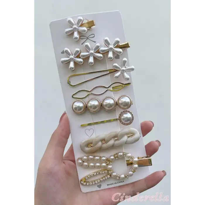 8li Özel İncili Taşlı Kurdele Tavşan Çiçek Detaylı Toka Seti - Yeni Trend Pens Çıtçıt Yan Saç Tokası