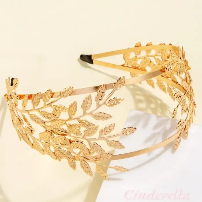 Avrupa Stil Barok Yapraklı Model Kadın Tacı Gold - Zarif ve Şık Taç Saç Bandı Aksesuarı
