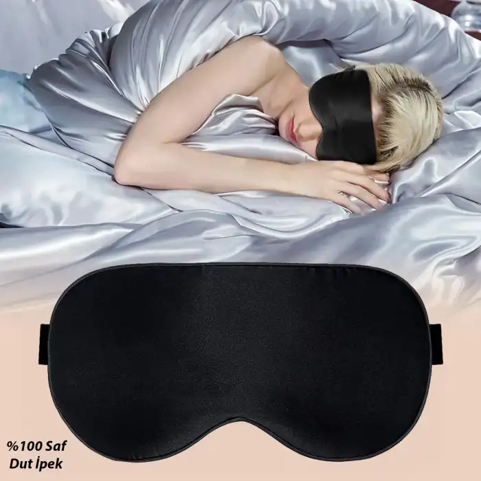 Ayarlanabilir Kayışlı %100 Dut İpek Uyku Maskesi Siyah - Yan Yatanlar için Rahat Uyku Göz Band