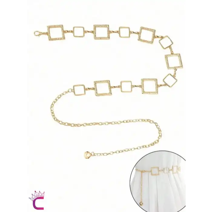 Ayarlanabilir Metal Kare Gold Bel Zinciri Kemeri - Elbise Kot Pantolon Etek Vücut Takısı Kolyesi