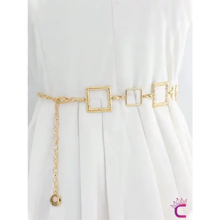 Ayarlanabilir Metal Kare Gold Bel Zinciri Kemeri - Elbise Kot Pantolon Etek Vücut Takısı Kolyesi