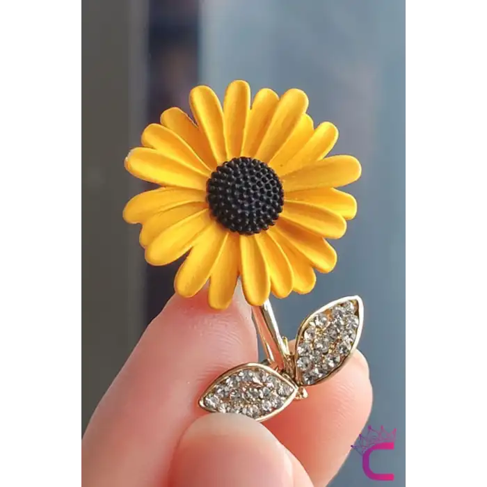 Ayçiçeği Çiçekli Tasarım Zirkon Taşlı Kadın Broş - Hediyelik Elbise Ceket Aksesuar Yaka Iğnesi Broşu