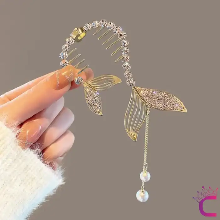 Balık Kuyruğu Tasarım Kristal Taşlı Yaylı Topuz Tokası Metal Gold - Kadın Sallantılı Saç Topuz Toka