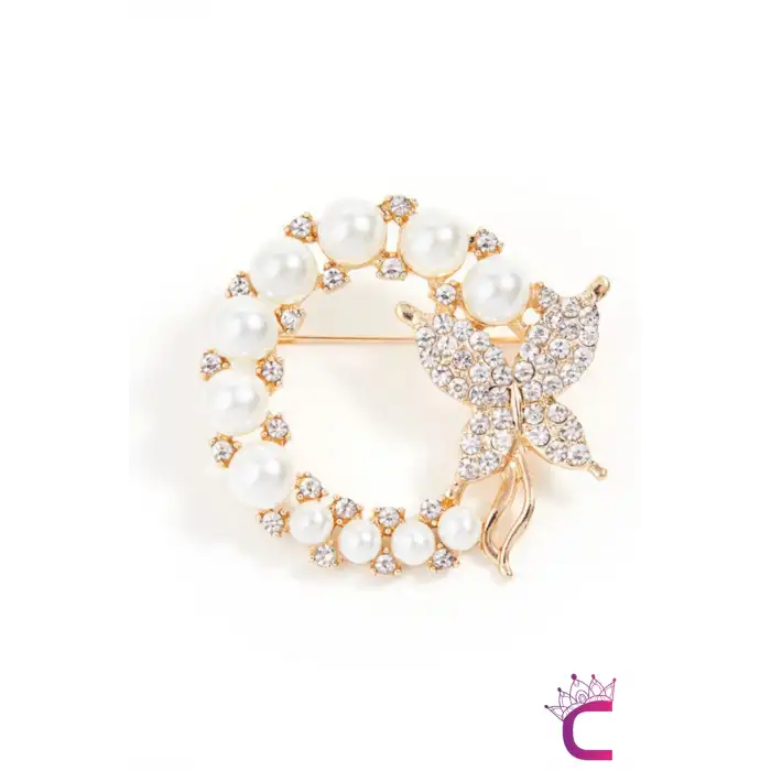 Barok İncili Kristal Taşlı Kelebek Tasarım Kadın Broş - Kelebekli Hediyelik Elbise Yaka İğnesi Broş