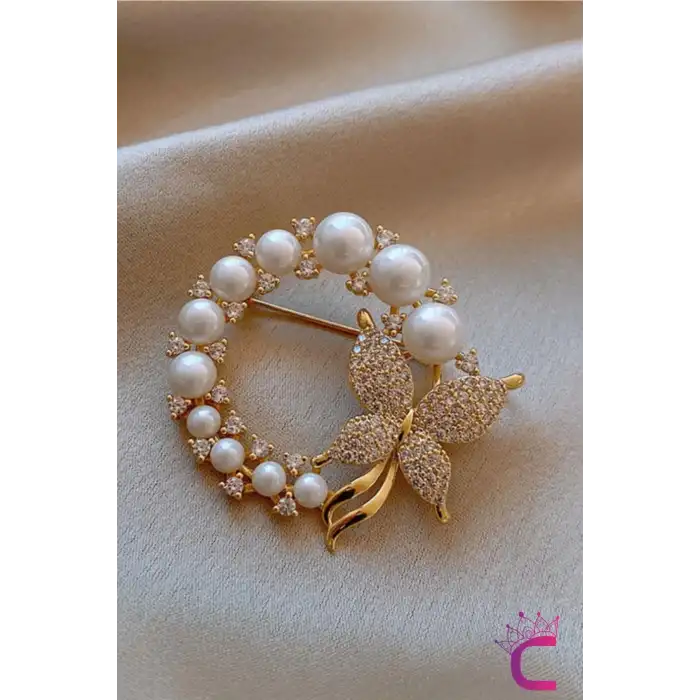 Barok İncili Kristal Taşlı Kelebek Tasarım Kadın Broş - Kelebekli Hediyelik Elbise Yaka İğnesi Broş