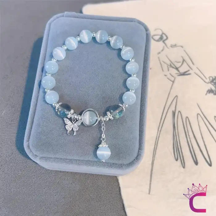 Beyaz Aytaşı Boncuklu Kristal Taşlı Kelebekli Kız Çocuk Bileklik - Hediyelik Takı Bijuteri