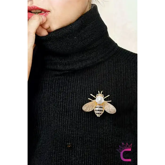 Beyaz İncili Kristal Taşlı Tasarım Arı Broş - Hediyelik Kadın Aksesuar Elbise Ceket Yaka İğnesi Broş