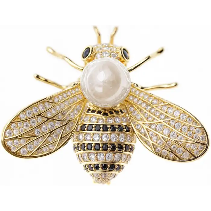 Beyaz İncili Kristal Taşlı Tasarım Arı Broş - Hediyelik Kadın Aksesuar Elbise Ceket Yaka İğnesi Broş