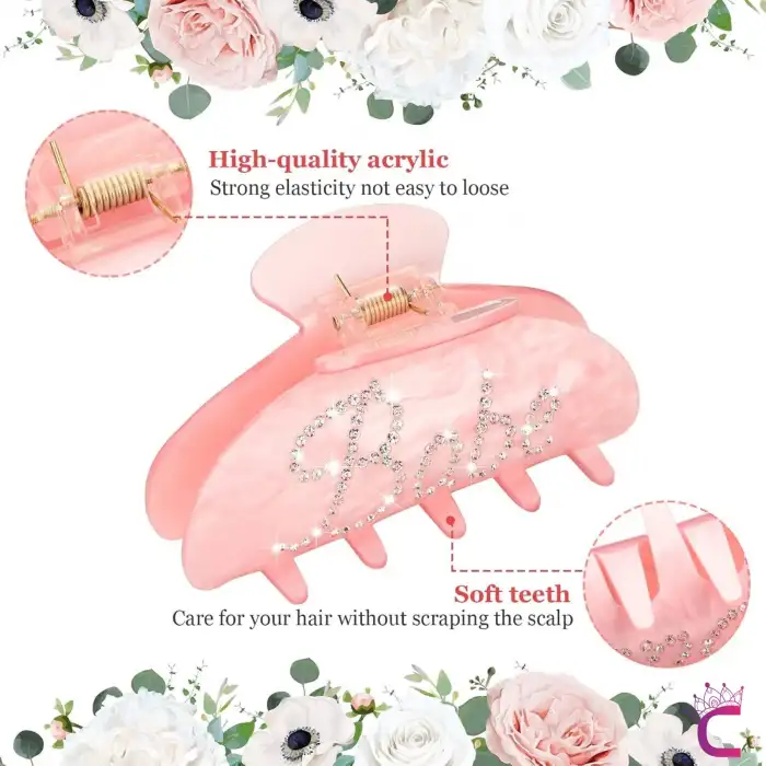 Bride Yazılı Taşlı Asetat Kemik Kadın Pembe Mandal Toka 10cm - Hediyelik Gelin Düğün Nişan Aksesuar