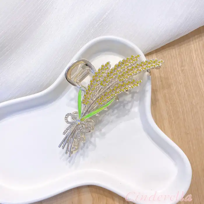 Buğday Başaklı Fiyonklu Kadın Metal Mandal Toka Gold - Kristal Taşlı Mandallı Saç Topuz Tokası