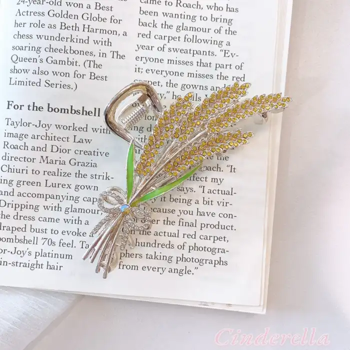 Buğday Başaklı Fiyonklu Kadın Metal Mandal Toka Gold - Kristal Taşlı Mandallı Saç Topuz Tokası