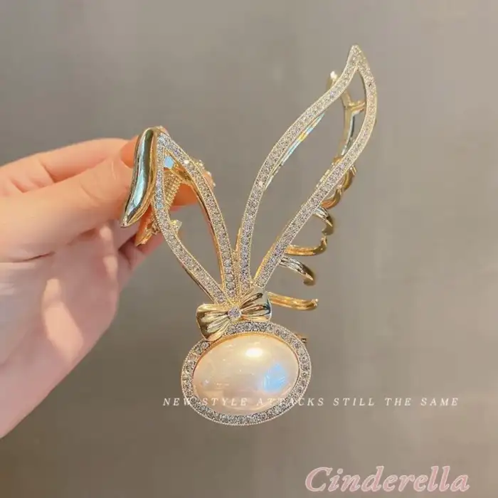 Büyük İnci Taşlı Fiyonk Detaylı Taşlı Kadın Gold Metal Mandal Toka - Lüks Mandallı Saç Tokası