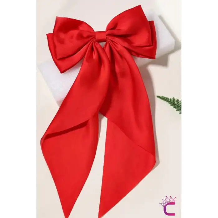 Büyük Kırmızı Saten Otomatik Fiyonk Toka 35cm - Uzun Fiyonklu Kurdeleli Klipsli Fularlı Saç Tokası
