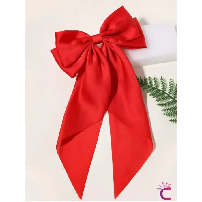 Büyük Kırmızı Saten Otomatik Fiyonk Toka 35cm - Uzun Fiyonklu Kurdeleli Klipsli Fularlı Saç Tokası