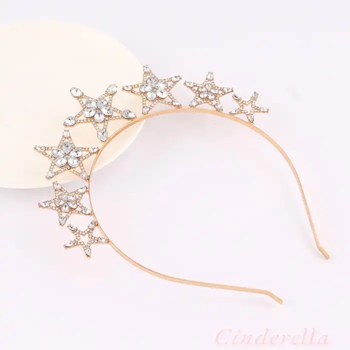 Büyük Yıldızlı Kristal Taşlı Taç Gold Renk - Parti Doğum Günü Düğün Çekimi Yılbaşı Tacı