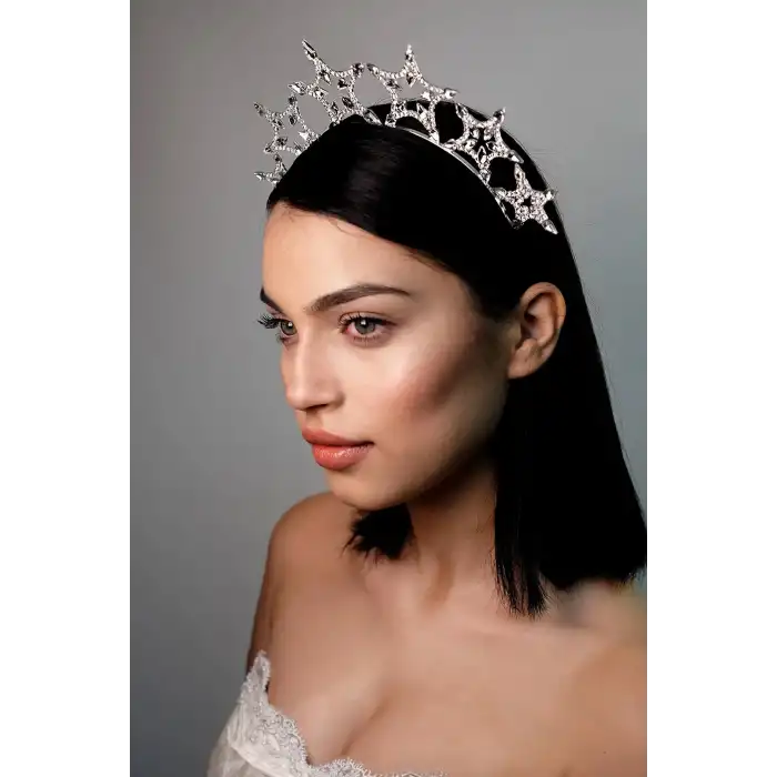 Büyük Yıldızlı Rhine-Stone Kristal Taşlı Taç Gümüş Renk - Parti Doğum Günü Düğün Çekimi Yılbaşı Tacı
