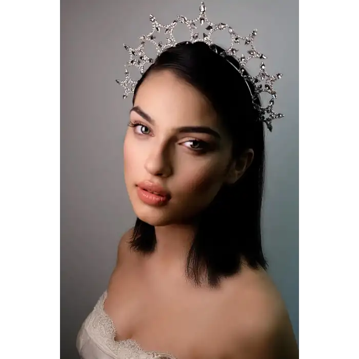 Büyük Yıldızlı Rhine-Stone Kristal Taşlı Taç Gümüş Renk - Parti Doğum Günü Düğün Çekimi Yılbaşı Tacı