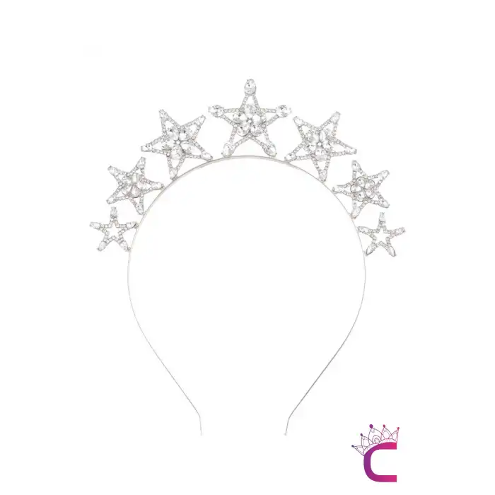 Büyük Yıldızlı Rhine-Stone Kristal Taşlı Taç Gümüş Renk - Parti Doğum Günü Düğün Çekimi Yılbaşı Tacı