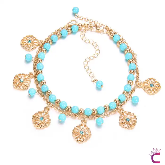 Çiçek Tasarım Deniz Mavi Boncuklu Gold Zincirli Kadın 2li Kombin Halhal - Zarif Ayak Zinciri Halhal