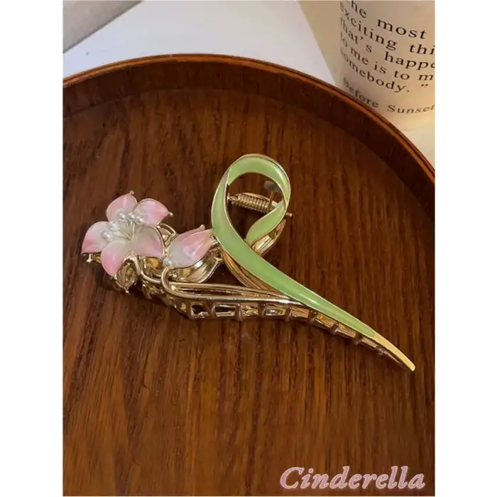 Çiçek ve Yaprak Tasarım İncili Metal Mandal Toka Gold - Zarif Kadın Mandallı Saç Topuz Tokası