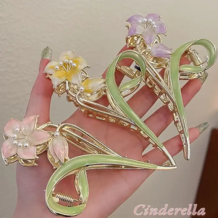 Çiçek ve Yaprak Tasarım İncili Metal Mandal Toka Gold - Zarif Kadın Mandallı Saç Topuz Tokası