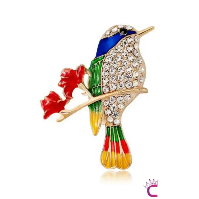 Çiçekli Dal Üstünde Kadın Zirkon Taşlı Renkli Serçe Kuş Broş - Hediyelik Elbise Ceket Yaka İğnesi