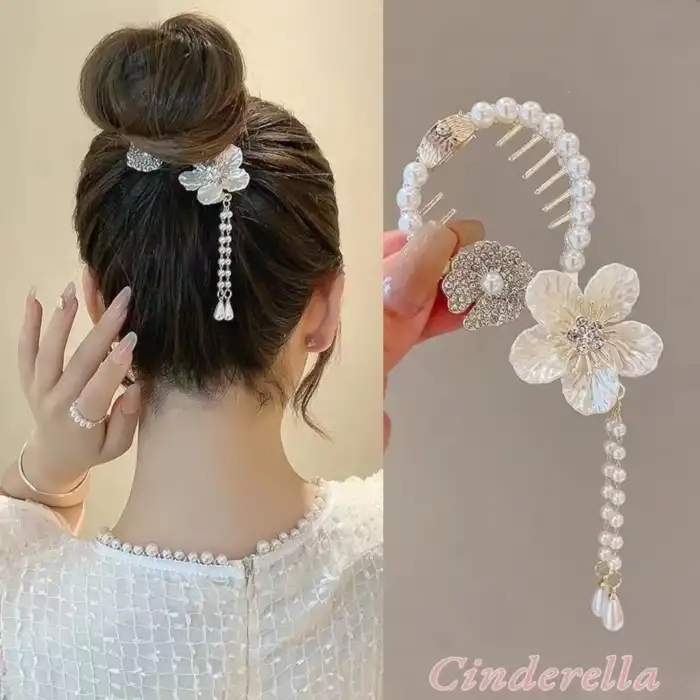 Çiçekli İnci Detaylı Kadın Yaylı Saç Topuz Tokası Metal Gold - Sarkıt İncili Kristal Taşlı Toka