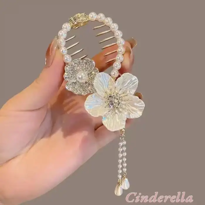 Çiçekli İnci Detaylı Kadın Yaylı Saç Topuz Tokası Metal Gold - Sarkıt İncili Kristal Taşlı Toka