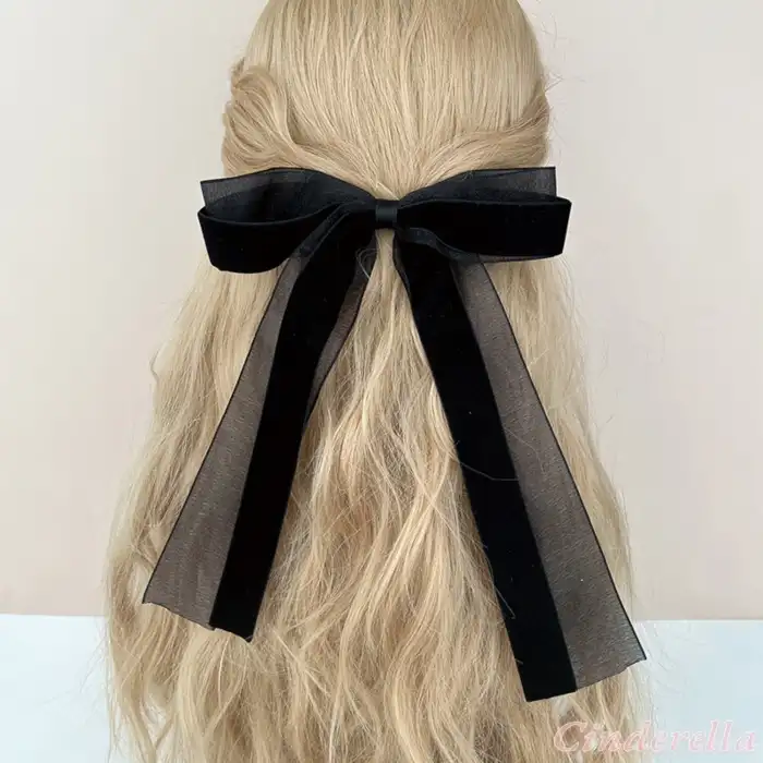 Çift Fiyonklu Tül Mat Kadife Kumaş Fiyonk Otomatik Toka Siyah - Kurdele Fiyonklu Klipsli Saç Tokası