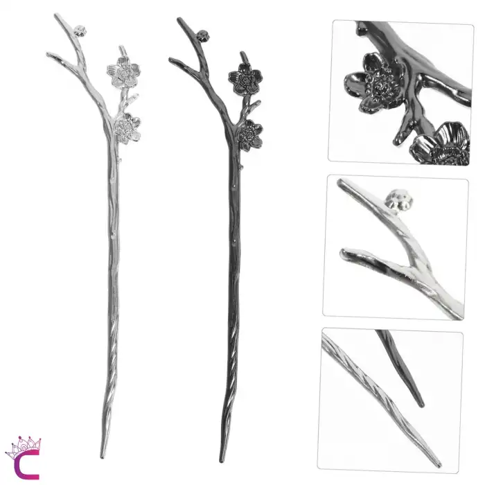 Dal Tasarım Çiçekli Japon Topuz Tokası 18cm Gümüş Renk - Vintage Kadın Metal Saç Çubuk Topuz Tokası