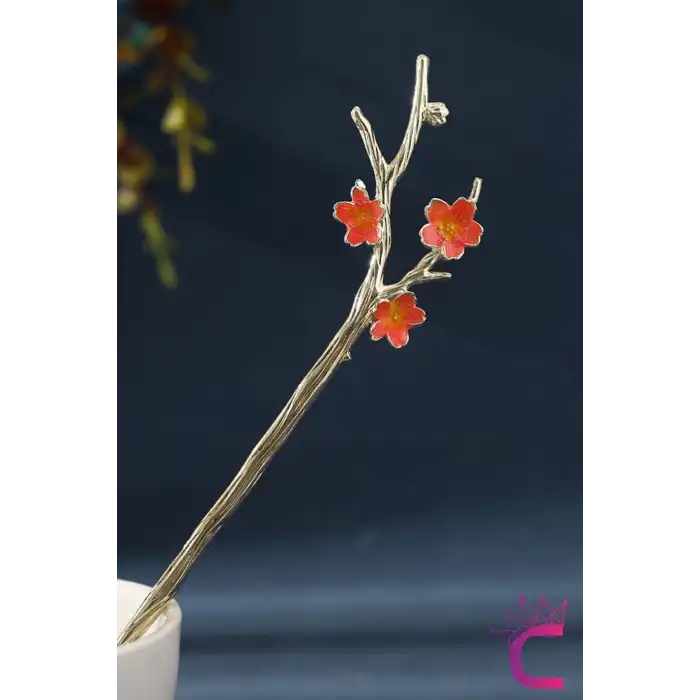 Dal Tasarım Mercan Turuncu Japon Topuz Çubuğu 18cm - Kadın Metal Saç Topuz Tokası Çubuk Toka