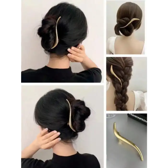 Dekoratif S Tasarım Büyük Boy Pens Saç Tokası Gold Metal 13cm - Kadın Klipsli Yan Toka Topuz Tokası