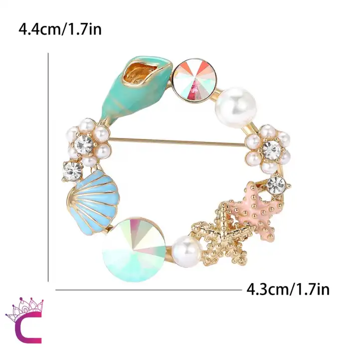 Deniz Yıldızı İncili Taşlı Çiçekli Kadın Çelenk Broş - Hediyelik Elbise Ceket Yaka İğnesi Rozeti