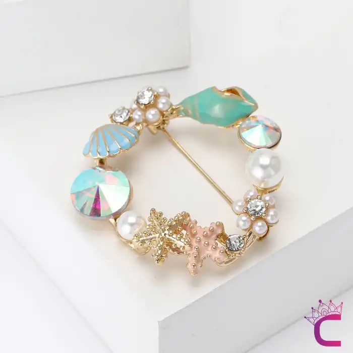 Deniz Yıldızı İncili Taşlı Çiçekli Kadın Çelenk Broş - Hediyelik Elbise Ceket Yaka İğnesi Rozeti