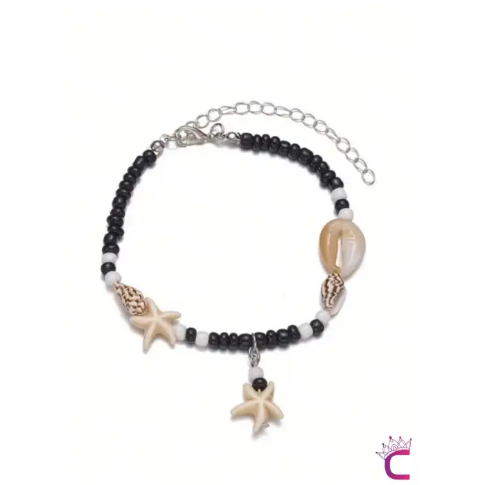 Deniz Yıldızı Kabuklu Siyah Halhal - Ayarlanabilir Miyuki Boncuklu Ayak Bileklik Plaj Takıları