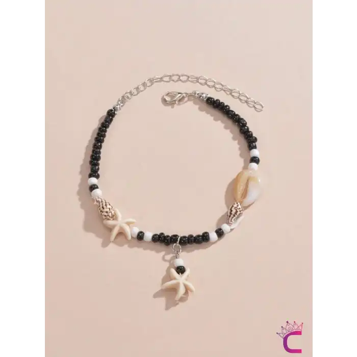 Deniz Yıldızı Kabuklu Siyah Halhal - Ayarlanabilir Miyuki Boncuklu Ayak Bileklik Plaj Takıları