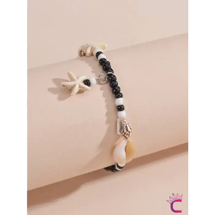 Deniz Yıldızı Kabuklu Siyah Halhal - Ayarlanabilir Miyuki Boncuklu Ayak Bileklik Plaj Takıları