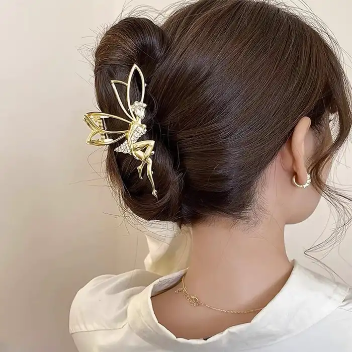 Fairy Tale Peri Kızı Model Taşlı Metal Mandal Toka Gold Renk - Trend Lüks Mandal Saç Tokası