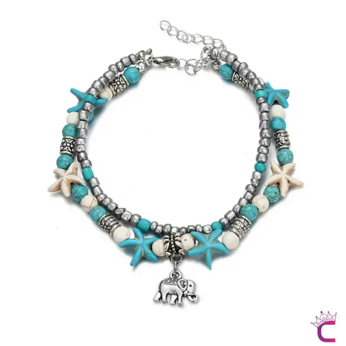 Fil Tasarım Turkuaz Yıldızlı Boncuklu Kadın Halhal - Yazlık Deniz Kombini Doğal Taşlı Halhal