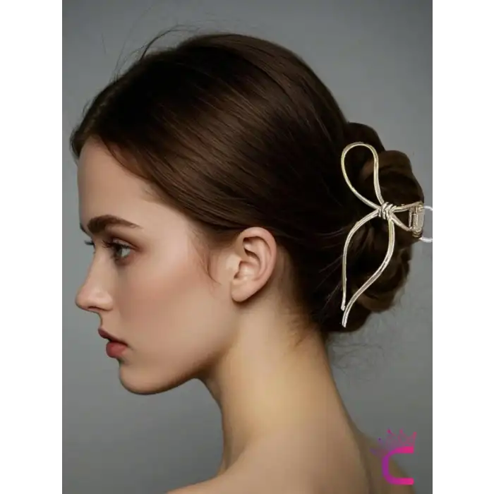 Fiyonk Model Gold Kadın Metal Mandal Toka 11.5cm - Kurdele Fiyonklu Mandallı Saç Topuz Tokası