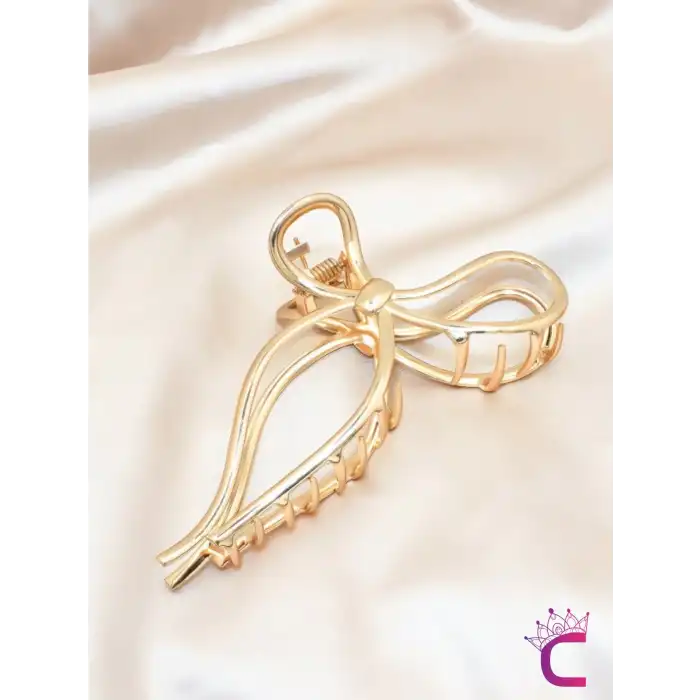 Fiyonk Model Gold Kadın Metal Mandal Toka 11.5cm - Kurdele Fiyonklu Mandallı Saç Topuz Tokası