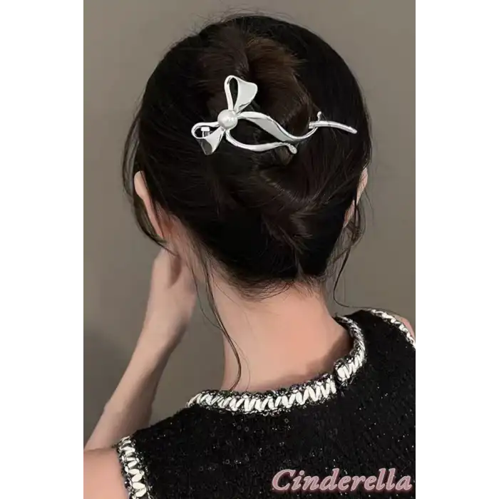 Fiyonk Model İncili Klipsli Topuz Tokası Metal Gümüş - Modern Kadın Kıstırmalı Klips Saç Tokası