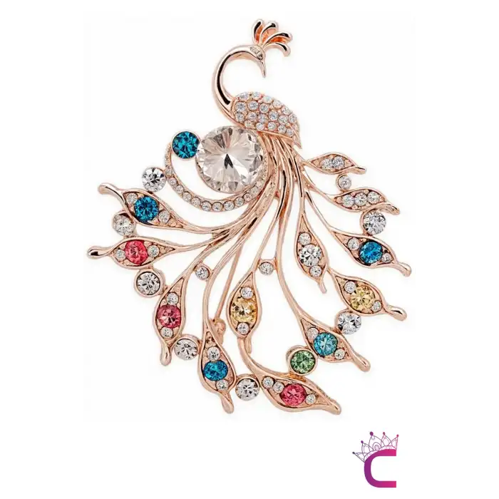 Gümüş Zirkon Taşlı Tasarım Tavus Kuşu Kadın Broş Gold - Özel Hediyelik Aksesuar Elbise Yaka İğnesi