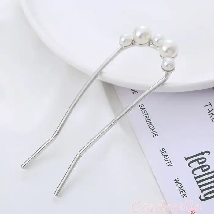 İnci Taşlı Metal Topuz Tokası 10cm Gümüş Renk - Kadın Trend İncili Çubuk Saç Topuz Toka