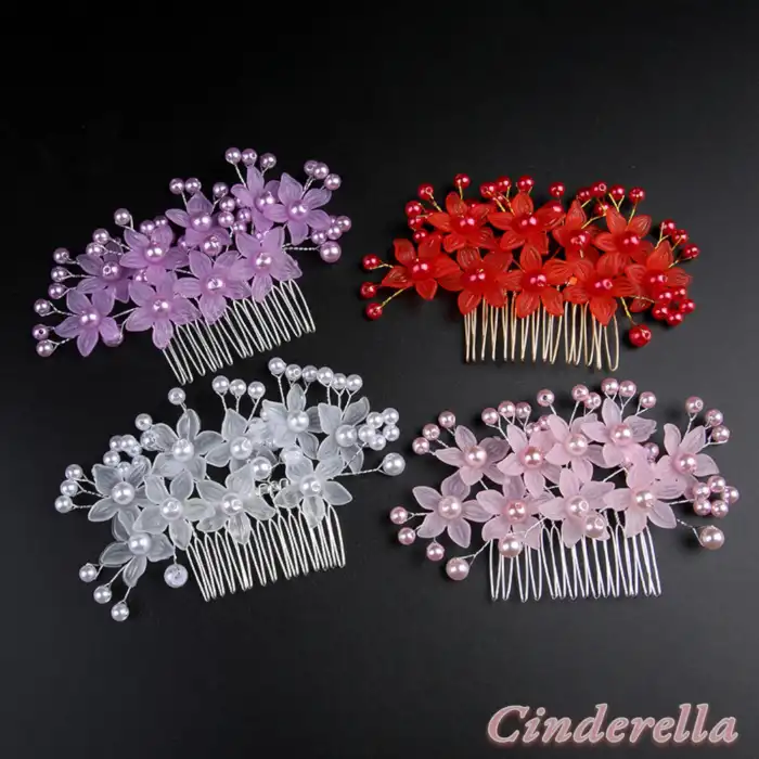 İncili Çiçekli Model İnci Tarak Toka Pembe - Gelin Tacı Düğün Nişan Kına Söz Saç Topuz Aksesuarı