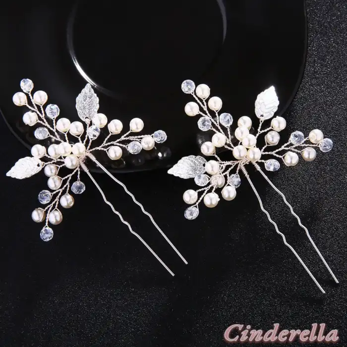 İncili Gümüş Yapraklı İnci Kristal Taşlı Firkete Set - Gelin Tacı Düğün Nikah Nişan Saç Topuz Toka