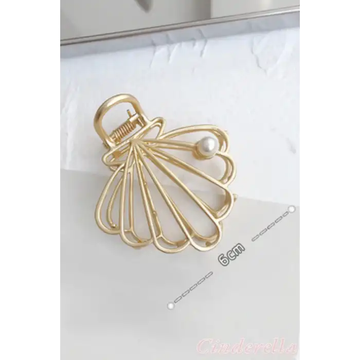 İncili İstiridye Model Kadın Gold Metal Mandal Toka - Orta Boy Sıkı Toplayan Lüks Mandal Saç Tokası