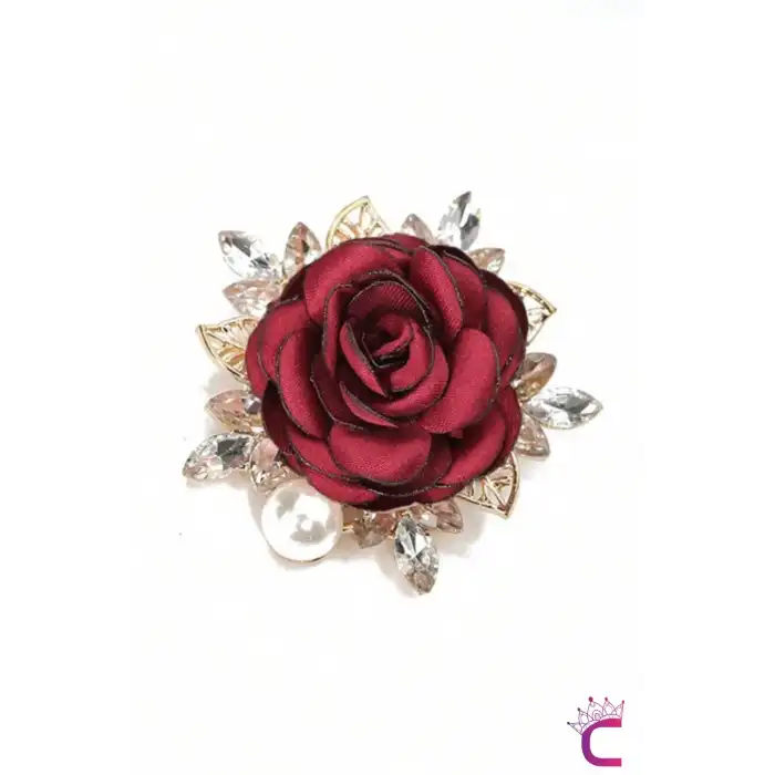 İncili Kristal Taşlı Kırmızı Kumaş Çiçek Gül Broş - Gold Yaprak Yaka Çiçeği İğnesi Aksesuar Hediyesi