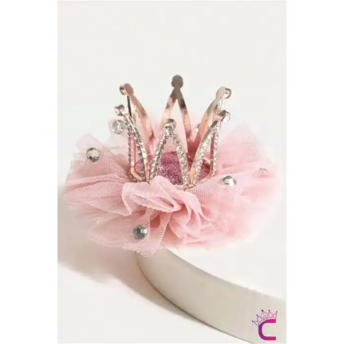 İncili Kristal Taşlı Pembe Tüllü Kraliçe Prenses Kız Çocuk Tacı - Parti Doğum Günü Pens Saç Tokası