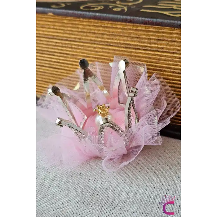 İncili Kristal Taşlı Pembe Tüllü Kraliçe Prenses Kız Çocuk Tacı - Parti Doğum Günü Pens Saç Tokası